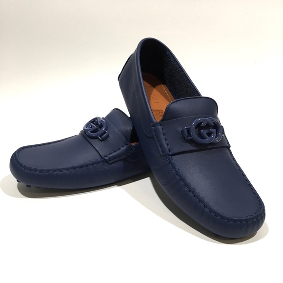 GUCCI INTERLOCKING G DRIVING MOCCASINS -INDIGO BLUE CALF LEATHER -MEN US 13 -NEW - Picture 1 of 9